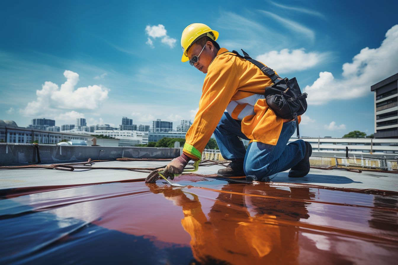 Construction worker applying waterproof coating on flat roof.