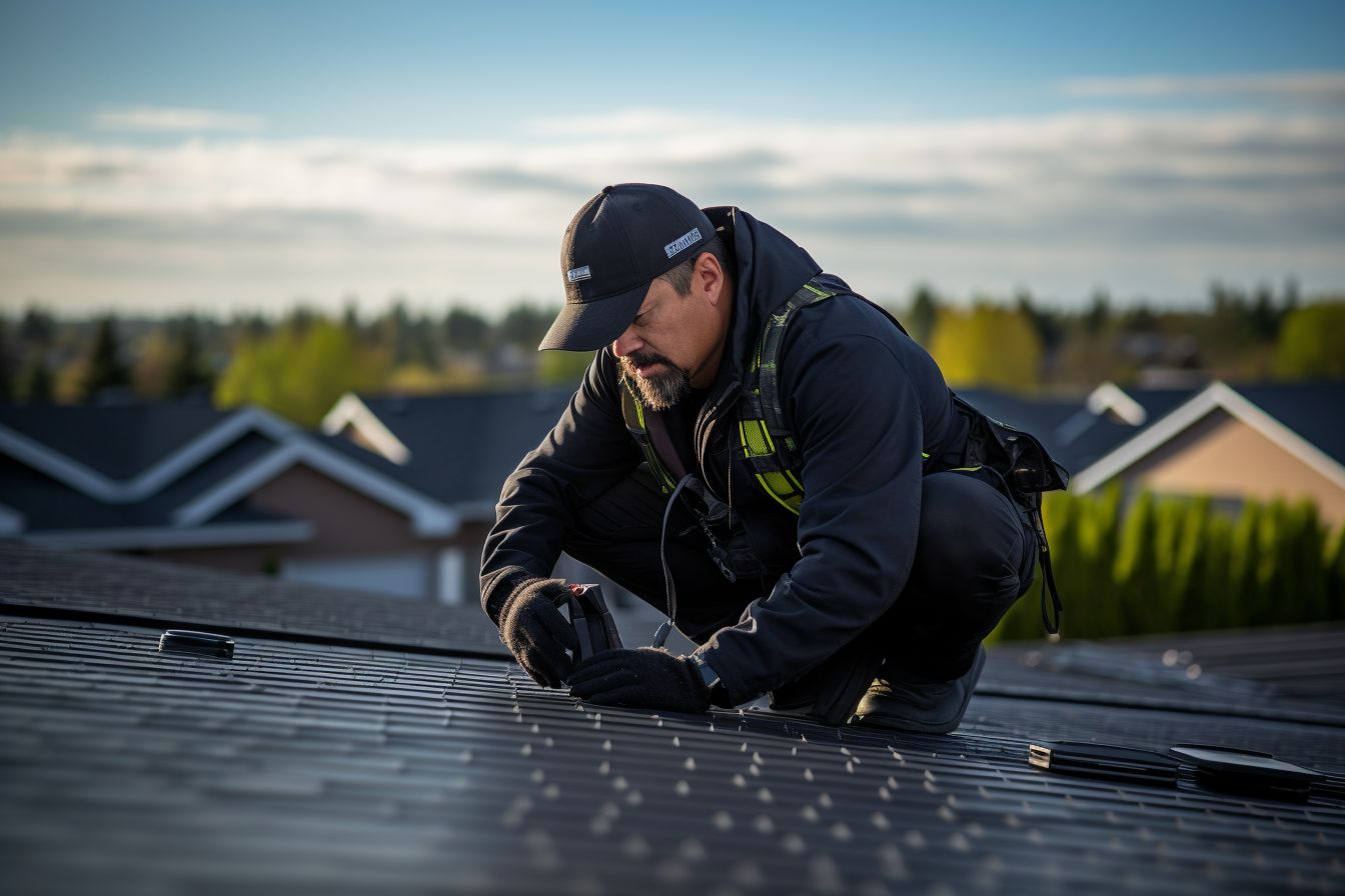 Roofing contractor inspecting waterproofed roof in East Asian environment.