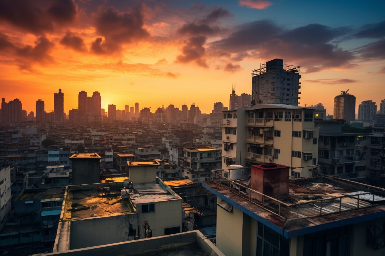 A beautiful cityscape at sunset with waterproofed roofs.