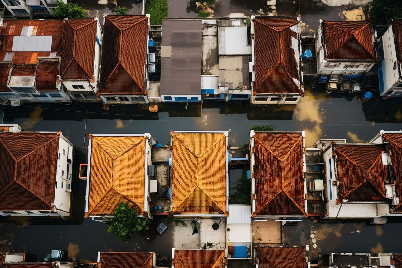 A waterproofed roof of a home during a heavy rainstorm.