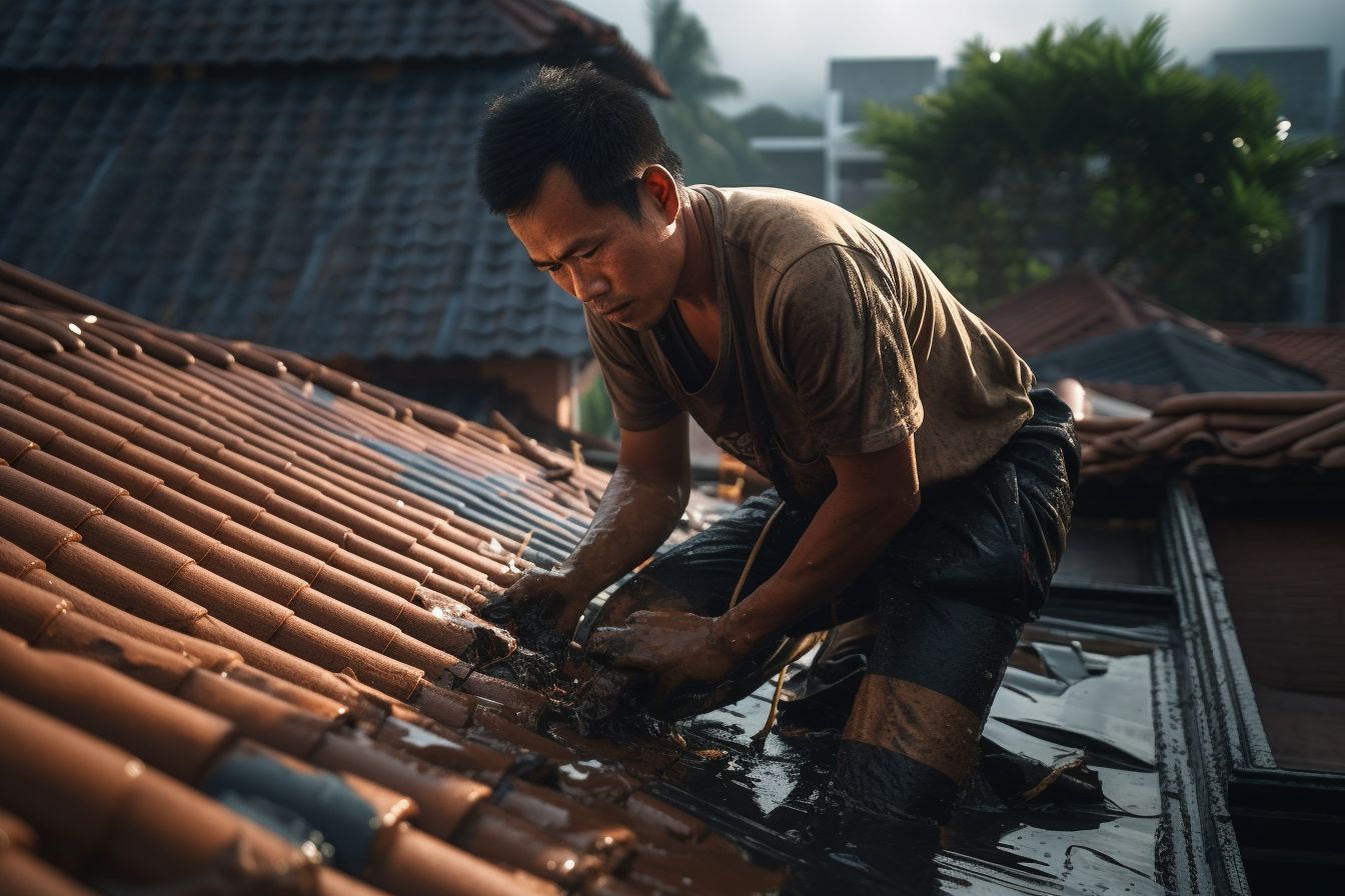 Roof repair being done in heavy rain by an Asian roofer.