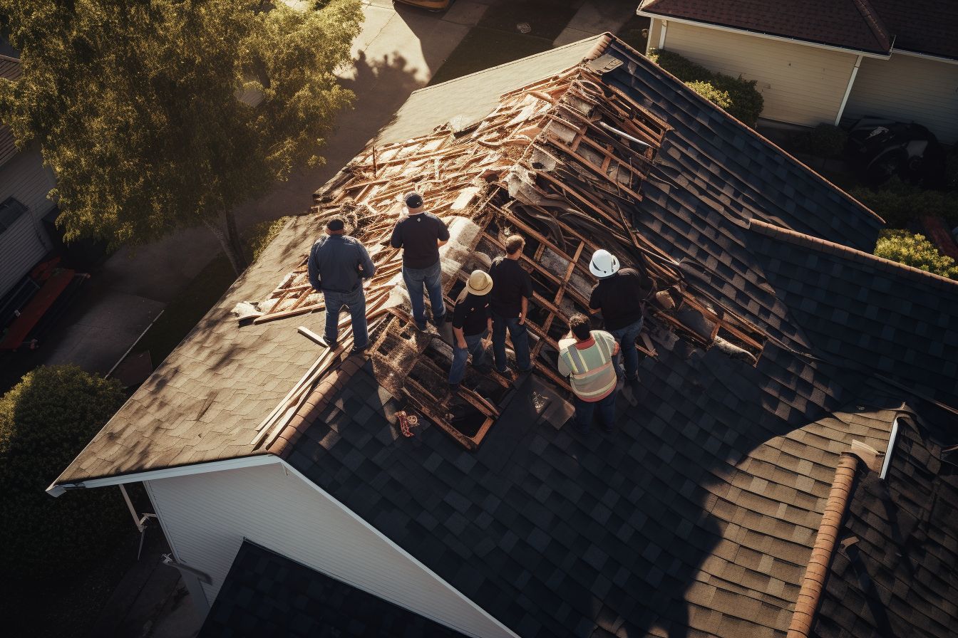 Roofing professionals inspect damaged roof using aerial photography with a drone.