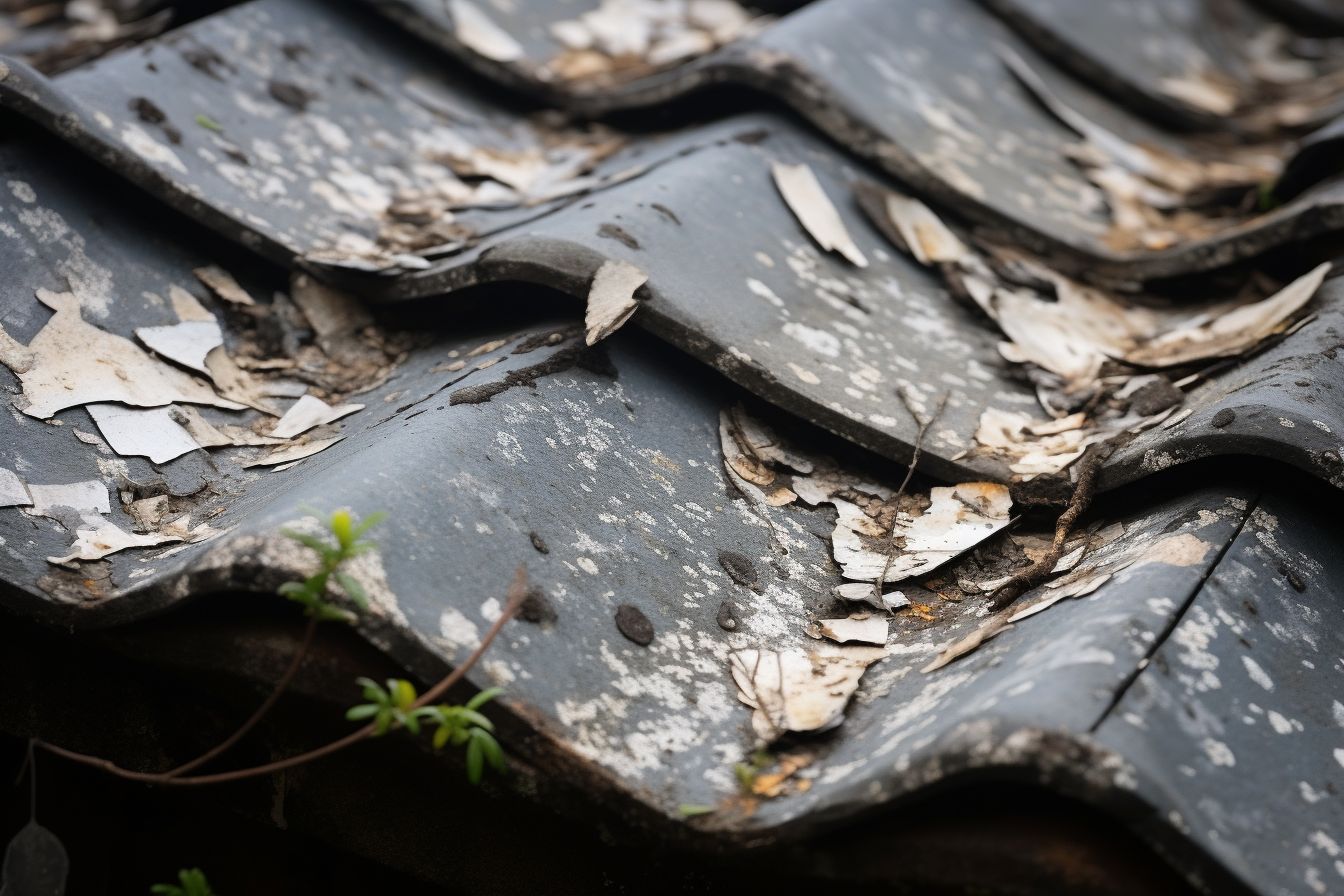 Close-up of damaged roof showing effects of sun and hail storms.