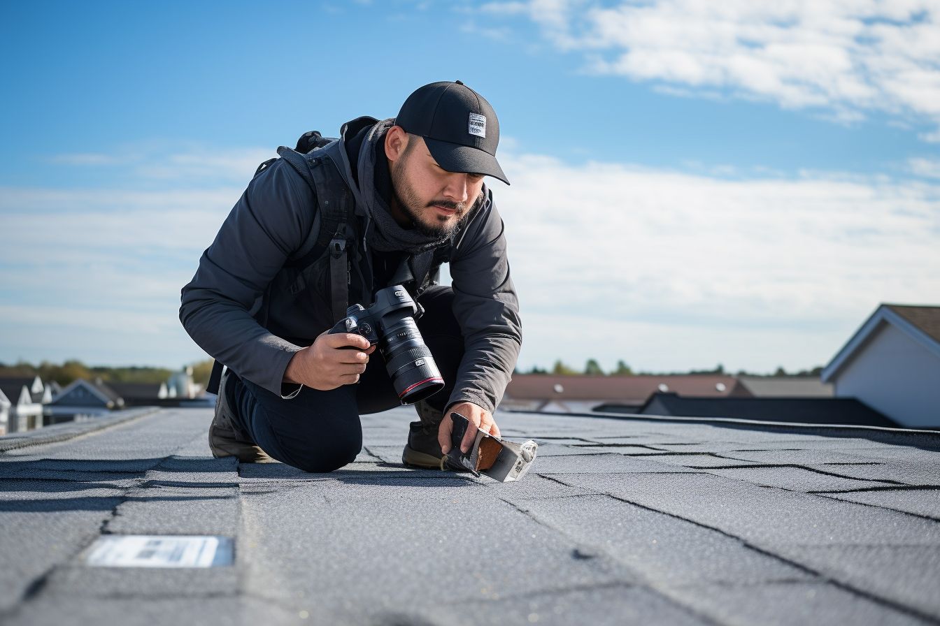 A professional roofer inspecting a flat roof for waterproofing.