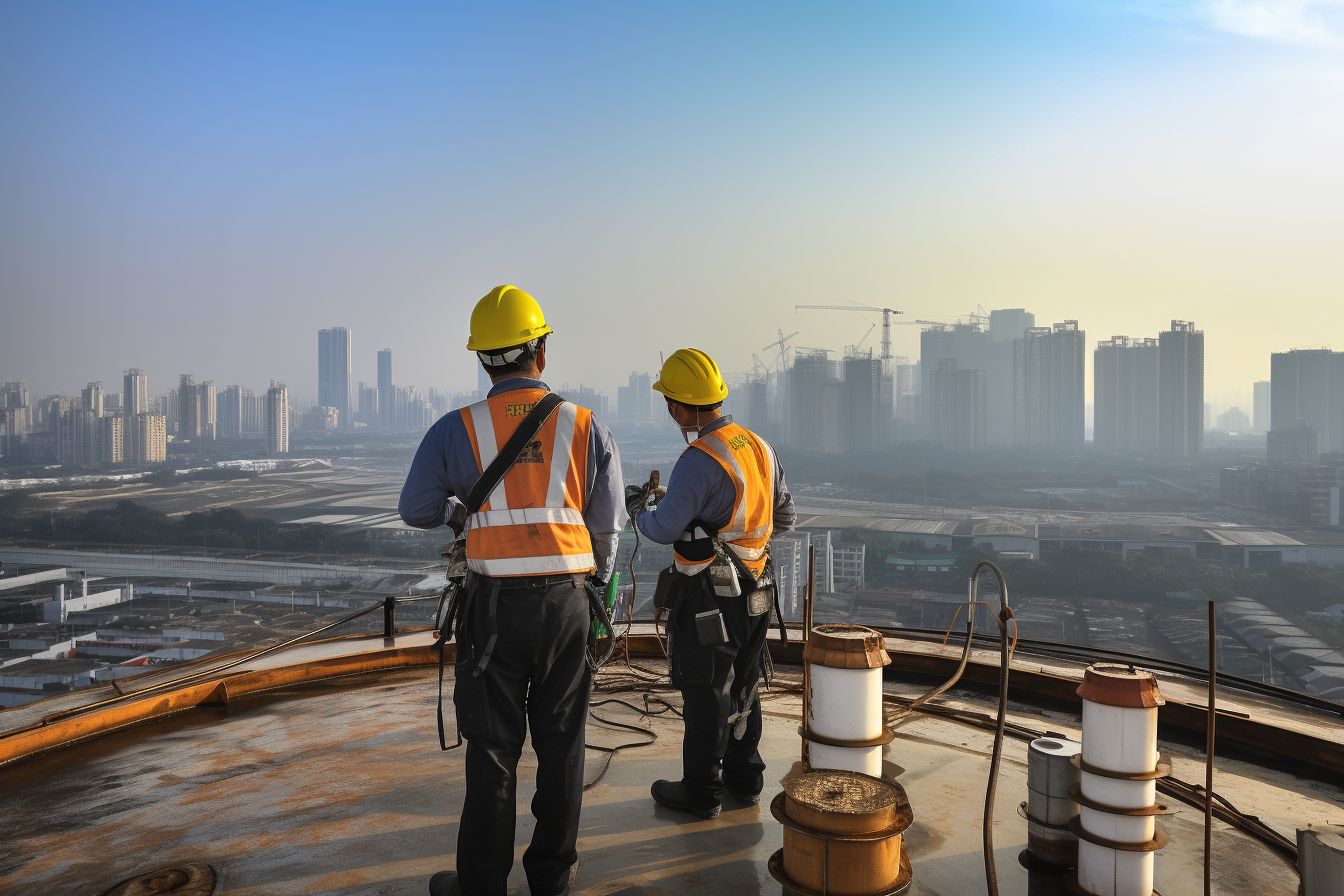 Workers in safety gear inspect and waterproof a rooftop.