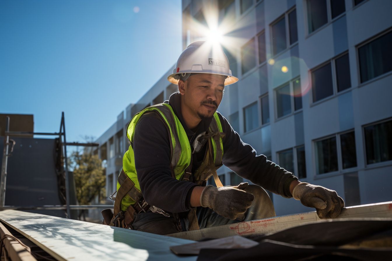 A builder installing metal flashing on a building exterior.