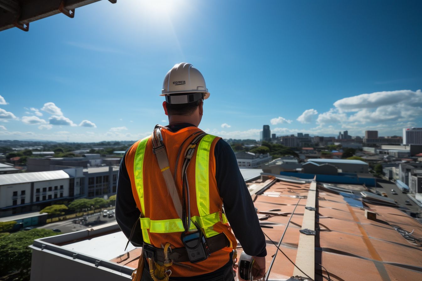 A construction worker reading a safety sign on a rooftop.