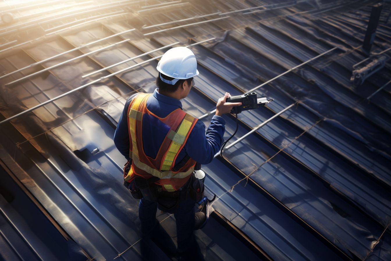 East Asian construction worker inspects waterproof roof using drone.